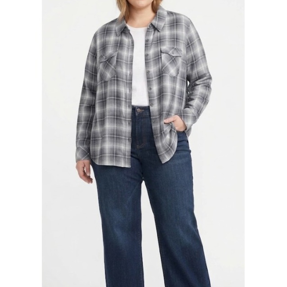 New DG2 Diane Gilman Plaid Button Front Shirt 2X Grey Western Rayon Ultra Soft